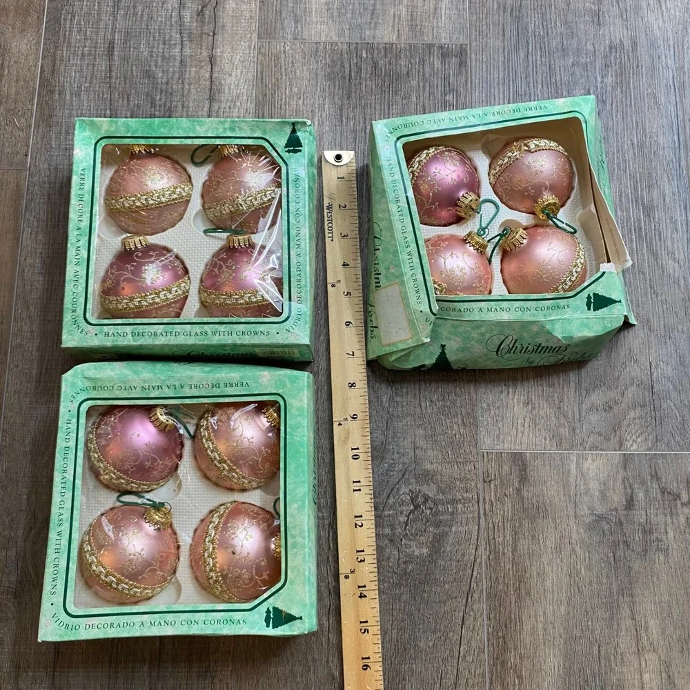 Vintage Christmas by Krebs Pink Gold Glass Ornaments Hand Decorated 12ct 72580